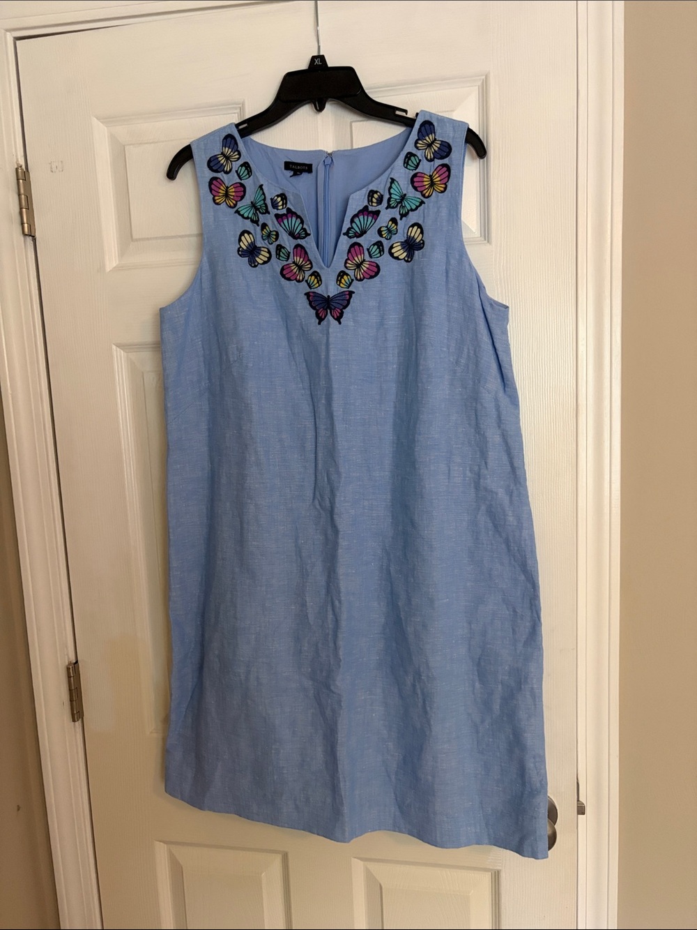 Talbots Light Blue Sleeveless Shift Dress with Multicolor Butterfly Trim size 12